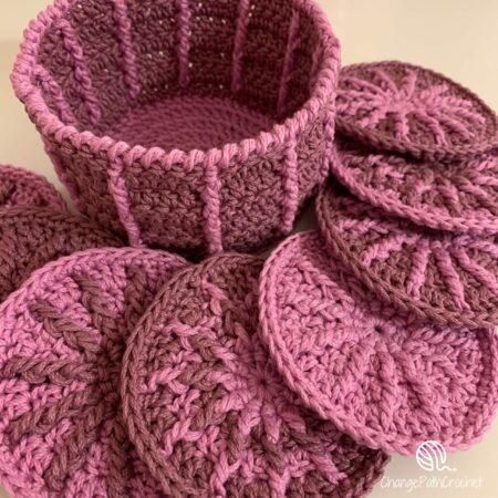lilac and crocheted face scrubbies with basket